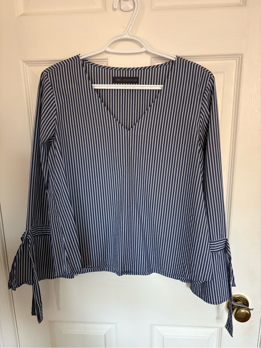 M&S ⚓️ Navy and White Striped V-Neck Tie-Sleeve Top - Women’s UK 10